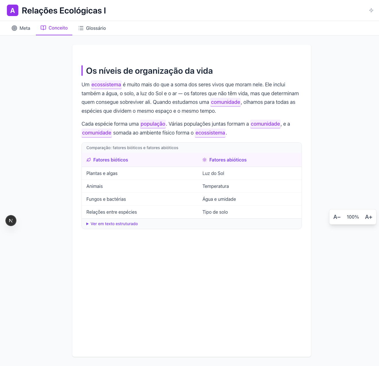 AI learning board for the lesson Relações Ecológicas I: concept text, glossary tab, and a biotic/abiotic comparison table, in Portuguese.