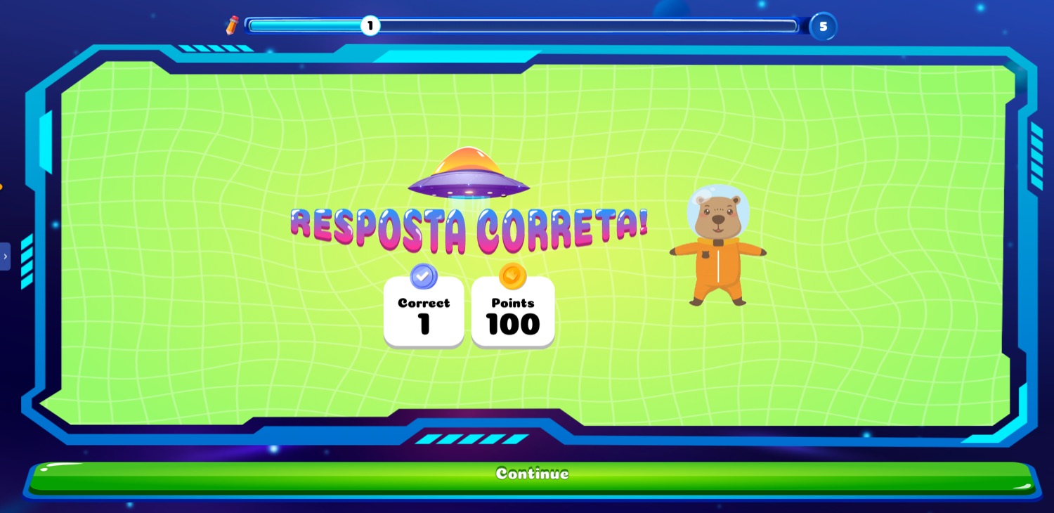 Feedback screen reading RESPOSTA CORRETA! with a correct counter of 1 and 100 points awarded, plus a Continue button.