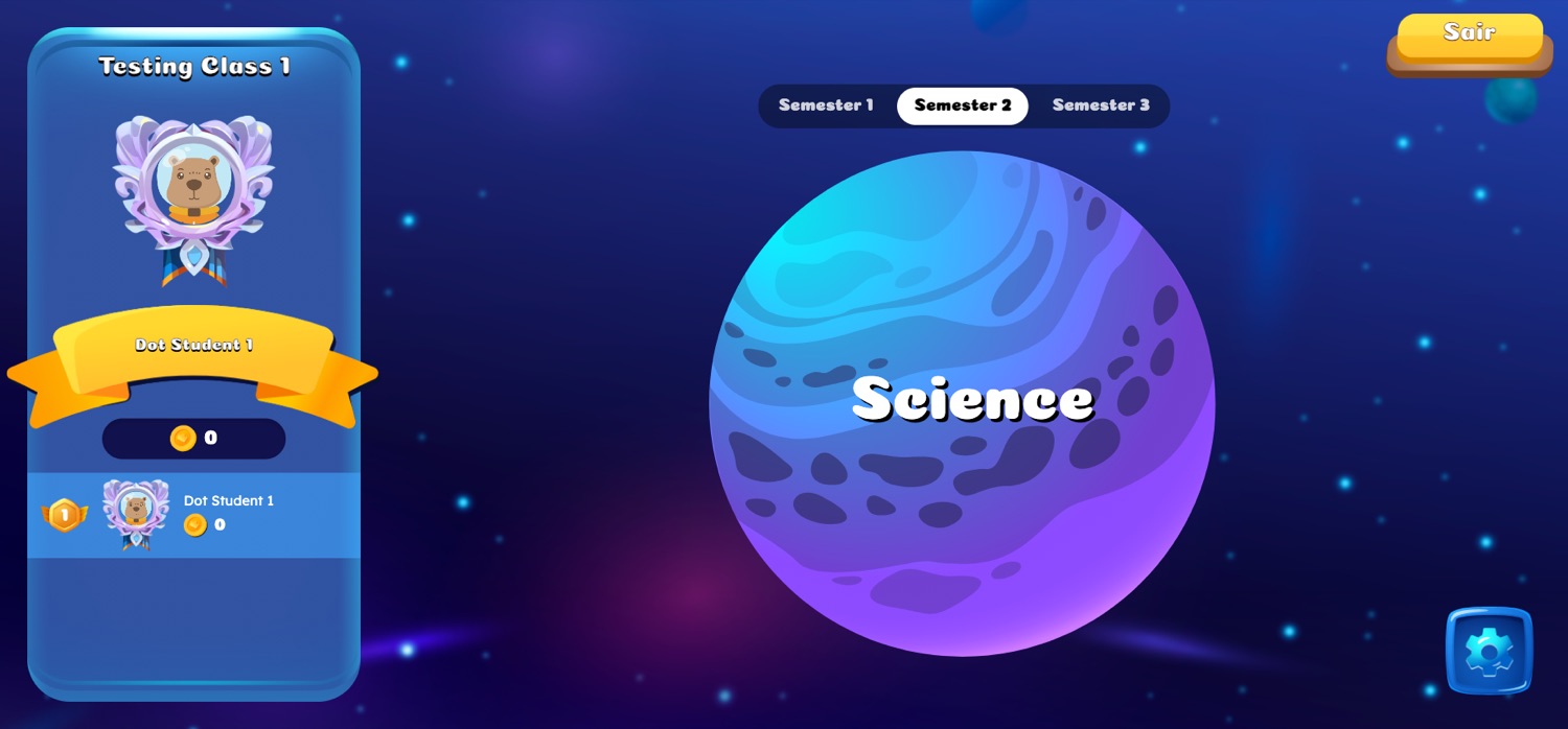 Student game home: class card with avatar, name, coins and class ranking on the left; Semester 1/2/3 tabs; a large planet labelled Science in the centre.