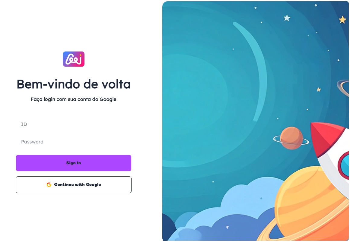 Student sign-in screen: “Bem-vindo de volta”, ID and password fields, a Sign In button and Continue with Google, next to space-themed artwork.