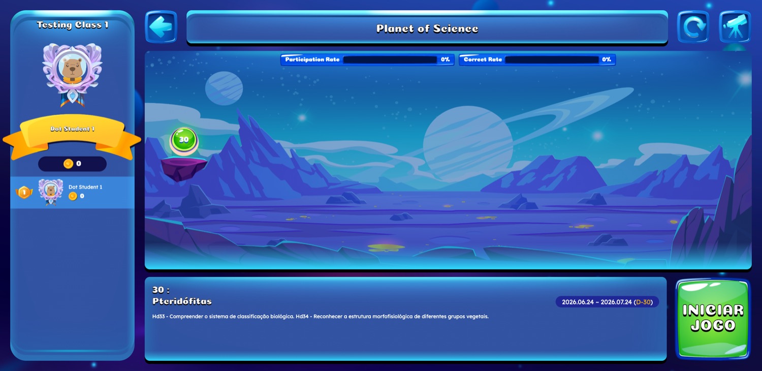 Planet of Science screen: participation rate and correct rate bars, a unit marker numbered 30 on the path, unit title Pteridófitas with skill codes Hd33 and Hd34, the open window 2026.06.24–2026.07.24 (D-30) and an INICIAR JOGO button.