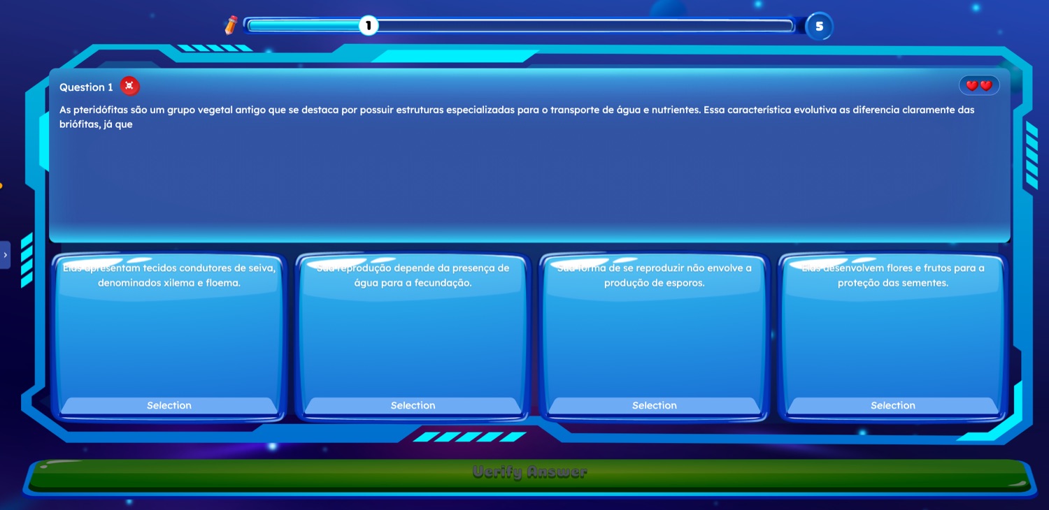 Live quiz question 1 of 5 in Portuguese about pteridophytes, with four answer cards, two remaining lives and a Verify Answer button.