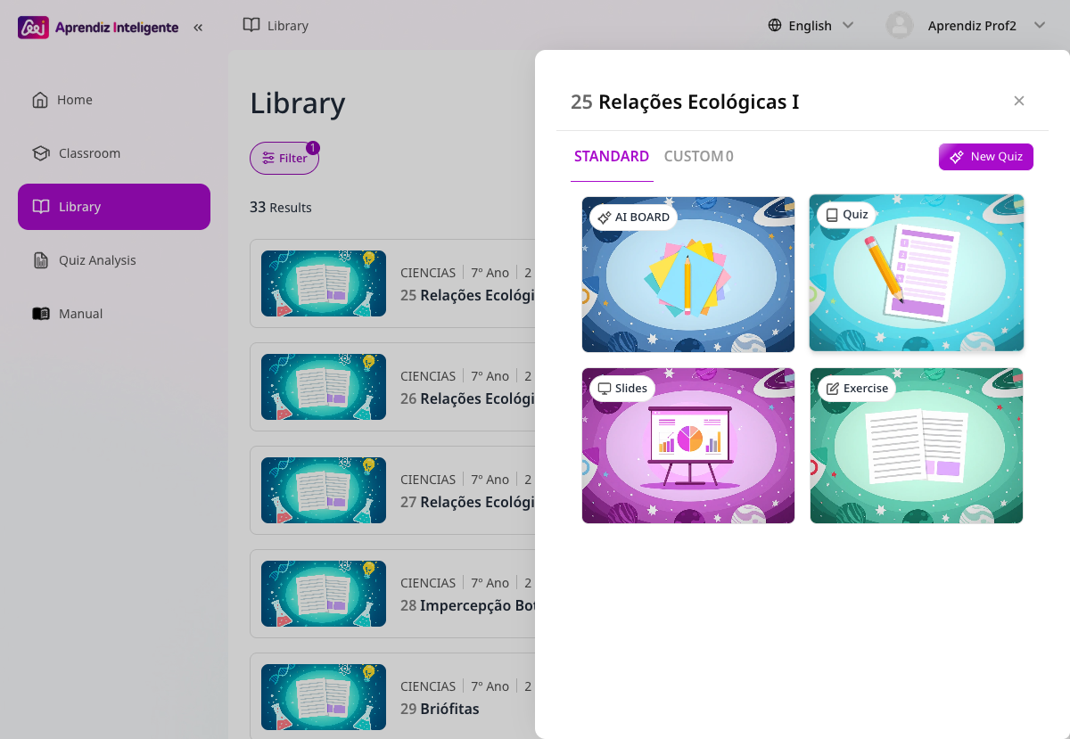 Library unit panel for “25 Relações Ecológicas I” showing four ready assets: AI BOARD, Quiz, Slides and Exercise, with a New Quiz button and Standard / Custom tabs.