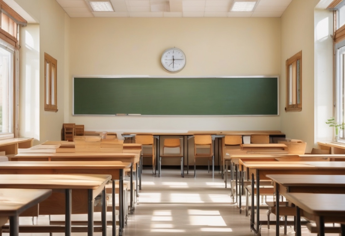 A bright, well-kept classroom with rows of wooden desks and a green board, lit by daylight.