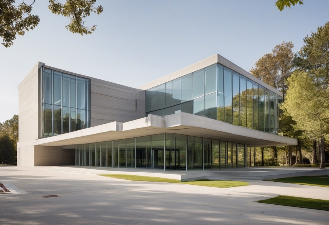 A modern university research institute building with a glass and concrete facade.
