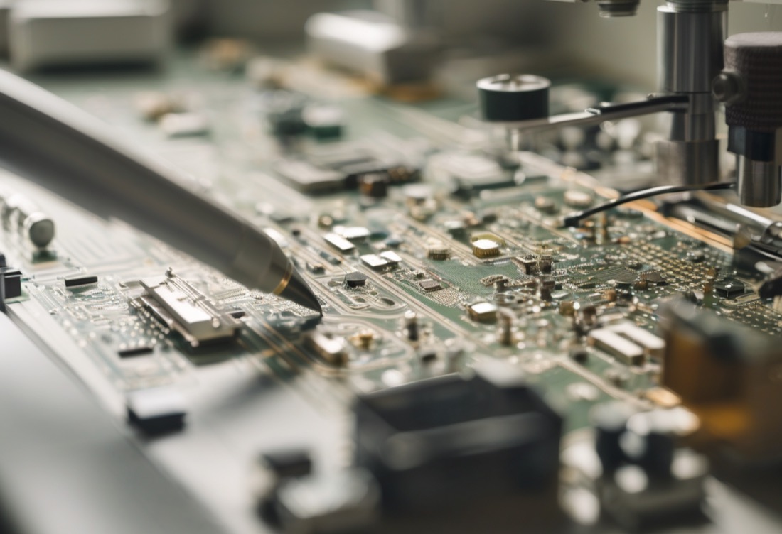 Close-up of a sensor pen tip resting on a circuit board on an electronics workbench.